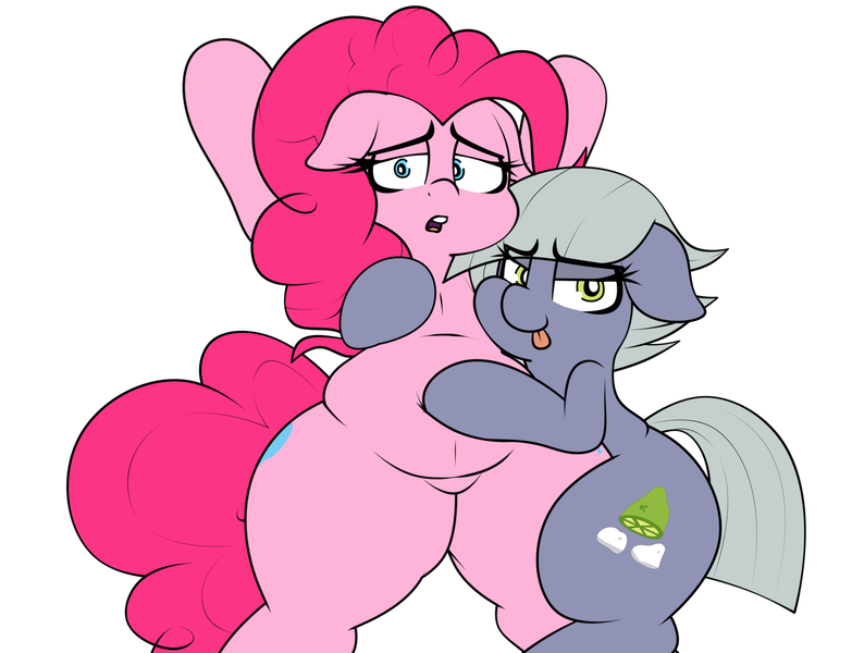 Size: 1762x1350 | Tagged: suggestive, artist:blitzyflair, derpibooru import, limestone pie, pinkie pie, earth pony, pony, :p, belly, bellyrubs, both cutie marks, chubbie pie, chubby, fat, featureless crotch, female, females only, floppy ears, image, lidded eyes, non-consensual bellyrubs, open mouth, png, siblings, simple background, sisters, thighs, thunder thighs, tongue out, wide hips