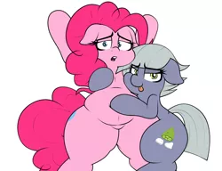 Size: 1762x1350 | Tagged: suggestive, artist:blitzyflair, derpibooru import, limestone pie, pinkie pie, earth pony, pony, :p, belly, bellyrubs, both cutie marks, chubbie pie, chubby, fat, featureless crotch, female, females only, floppy ears, image, lidded eyes, non-consensual bellyrubs, open mouth, png, siblings, simple background, sisters, thighs, thunder thighs, tongue out, wide hips
