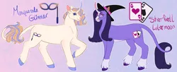 Size: 1280x523 | Tagged: safe, artist:s0ftserve, derpibooru import, oc, oc:masquerade, oc:starfall, pony, unicorn, curved horn, dyed mane, female, glasses, hat, horn, image, jpeg, magical lesbian spawn, male, mare, offspring, parent:starlight glimmer, parent:trixie, parents:startrix, siblings, stallion, unshorn fetlocks, witch hat