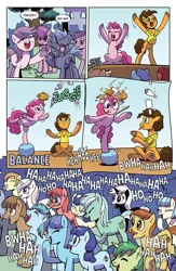 Size: 1073x1650 | Tagged: safe, artist:pencils, derpibooru import, idw, cheese sandwich, lyra heartstrings, pinkie pie, oc, pony, spoiler:comic95, image, juggling, laughing, png