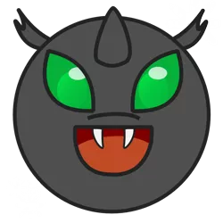 Size: 1000x1000 | Tagged: safe, artist:rumstone, derpibooru import, oc, oc:rumstone, unofficial characters only, changeling, changeling ears, changeling oc, ears, emoticon, eye, fangs, glare, green changeling, green eyes, happy, horn, icon, image, krita, male, png, round, simple background, smiling, solo, stars, transparent background