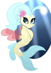 Size: 1024x1465 | Tagged: safe, artist:blankfandoms, derpibooru import, princess skystar, seapony (g4), my little pony: the movie, blue eyes, crepuscular rays, dorsal fin, female, fin wings, fish tail, flower, flower in hair, flowing tail, glow, image, jewelry, looking at you, necklace, ocean, png, red wings, simple background, smiling, solo, sunlight, tail, transparent background, underwater, water, wings