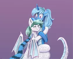 Size: 2501x2001 | Tagged: safe, artist:ske, derpibooru import, oc, oc:biru, oc:triksa, bat pony, lamia, original species, pony, snake, unicorn, bat wings, blushing, coiling, coils, embarrassed, eyes closed, hug, image, png, wings