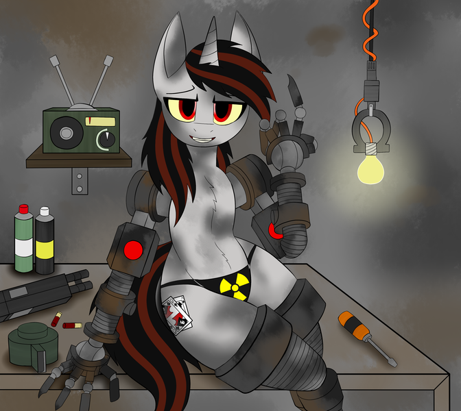 Size: 2976x2657 | Tagged: suggestive, artist:rorrek, derpibooru import, oc, oc:blackjack, cyborg, unicorn, fallout equestria, fallout equestria: project horizons, beckoning, bedroom eyes, clothes, dirty, fanfic art, gun, image, lightbulb, looking at you, panties, png, prosthetics, radiation sign, radio, shotgun, shotgun shell, solo, underwear, weapon, yellow eyes