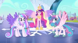 Size: 1024x569 | Tagged: safe, artist:velveagicsentryyt, derpibooru import, princess cadance, princess flurry heart, oc, oc:chryssa, pony, image, jpeg, offspring, older, parent:princess cadance, parent:shining armor, parents:shiningcadance