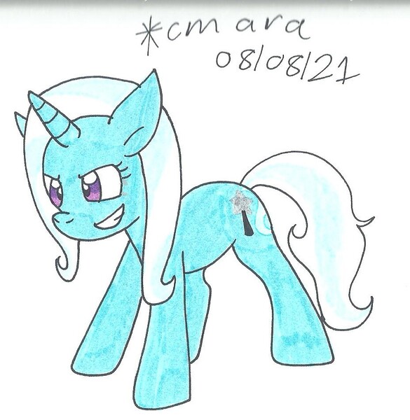 Size: 926x949 | Tagged: safe, artist:cmara, derpibooru import, trixie, pony, unicorn, female, grin, image, jpeg, mare, simple background, smiling, solo, traditional art, white background