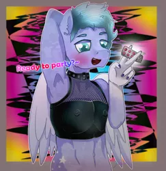Size: 2225x2286 | Tagged: suggestive, artist:jesterpi, derpibooru import, oc, oc:addison, anthro, pegasus, abstract background, blushing, bondage, drugs, ecstasy, femboy, fishnets, image, jpeg, leather, looking at you, male, messy mane, nipples, nudity, party, pills, text, wings