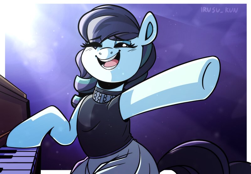 Size: 2048x1423 | Tagged: safe, artist:lrusu, derpibooru import, coloratura, earth pony, pony, the mane attraction, cute, eyes closed, female, image, jpeg, mare, musical instrument, open mouth, piano, rara, rarabetes, scene interpretation, singing, sitting, solo, the magic inside