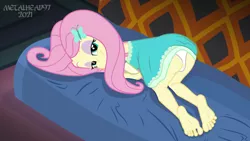 Size: 1280x720 | Tagged: suggestive, artist:metalhead97, derpibooru import, fluttershy, equestria girls, equestria girls series, all fours, ass, ass up, barefoot, bedroom eyes, butt, cameltoe, clothes, couch, dress, dress lift, erotica, feet, image, legs, lidded eyes, lifting, looking at you, looking back, looking back at you, looking up, makeup, messy hair, panties, png, presenting, show accurate, smiling, smiling at you, solo, solo focus, underwear