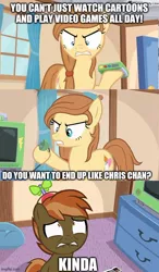 Size: 500x855 | Tagged: safe, derpibooru import, edit, screencap, button mash, oc, oc:cream heart, earth pony, pony, button's adventures, chris chan, colt, controller, female, foal, image, implied buttoncest, implied incest, jpeg, lip bite, male, mare, text, unfortunate implications