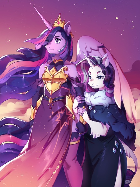 Size: 3000x4000 | Tagged: safe, artist:frogbians, derpibooru import, princess twilight 2.0, rarity, twilight sparkle, twilight sparkle (alicorn), alicorn, anthro, unicorn, the last problem, armor, beautiful, bracer, breastplate, clothes, crown, dress, evening gloves, female, gloves, height difference, horn, image, jewelry, jpeg, lesbian, long gloves, long horn, older, older rarity, older twilight, rarilight, regalia, shipping, shoulderless, side slit, socks, stockings, thigh highs, twilight (astronomy)