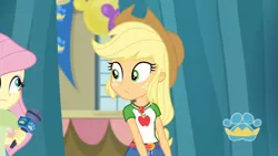 Size: 3410x1920 | Tagged: safe, derpibooru import, screencap, applejack, fluttershy, best in show: the pre-show, equestria girls, equestria girls series, spoiler:eqg series (season 2), applejack's hat, belt, best in show logo, clothes, cowboy hat, cutie mark, cutie mark on clothes, denim skirt, female, geode of super strength, hat, image, jewelry, jpeg, magical geodes, microphone, necklace, offscreen character, skirt