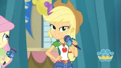 Size: 3410x1920 | Tagged: safe, derpibooru import, screencap, applejack, fluttershy, best in show: the pre-show, equestria girls, equestria girls series, spoiler:eqg series (season 2), applejack's hat, belt, best in show logo, clothes, cowboy hat, cutie mark, cutie mark on clothes, denim skirt, female, geode of super strength, hand on hip, hat, image, jewelry, jpeg, looking at you, magical geodes, microphone, necklace, offscreen character, skirt, smiling, smiling at you