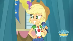 Size: 3410x1920 | Tagged: safe, derpibooru import, screencap, applejack, best in show: the pre-show, equestria girls, equestria girls series, spoiler:eqg series (season 2), applejack's hat, belt, best in show logo, clothes, cowboy hat, cutie mark, cutie mark on clothes, denim skirt, female, geode of super strength, grin, hand on hip, hat, image, jewelry, jpeg, magical geodes, microphone, necklace, skirt, smiling, solo