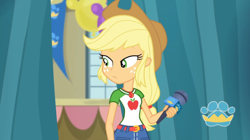 Size: 3410x1920 | Tagged: safe, derpibooru import, screencap, applejack, best in show: the pre-show, equestria girls, equestria girls series, spoiler:eqg series (season 2), applejack's hat, belt, best in show logo, clothes, cowboy hat, cutie mark, cutie mark on clothes, denim skirt, female, geode of super strength, hat, image, jewelry, jpeg, magical geodes, microphone, necklace, skirt, solo