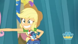 Size: 3410x1920 | Tagged: safe, derpibooru import, screencap, applejack, fluttershy, best in show: the pre-show, equestria girls, equestria girls series, spoiler:eqg series (season 2), applejack's hat, belt, best in show logo, clothes, cowboy hat, cutie mark, cutie mark on clothes, denim skirt, female, geode of super strength, grin, hat, image, jewelry, jpeg, magical geodes, microphone, necklace, offscreen character, skirt, smiling