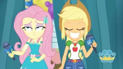 Size: 3410x1920 | Tagged: safe, derpibooru import, screencap, applejack, fluttershy, best in show: the pre-show, equestria girls, equestria girls series, spoiler:eqg series (season 2), applejack's hat, belt, best in show logo, clothes, cowboy hat, cutie mark, cutie mark on clothes, denim skirt, eyes closed, female, geode of fauna, geode of super strength, grin, hairpin, hat, image, jewelry, jpeg, lidded eyes, magical geodes, microphone, necklace, skirt, smiling