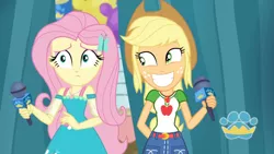 Size: 3410x1920 | Tagged: safe, derpibooru import, screencap, applejack, fluttershy, best in show: the pre-show, equestria girls, equestria girls series, spoiler:eqg series (season 2), applejack's hat, belt, best in show logo, clothes, cowboy hat, cute, cutie mark, cutie mark on clothes, denim skirt, female, geode of fauna, geode of super strength, grin, hairpin, hat, image, jackabetes, jewelry, jpeg, magical geodes, microphone, necklace, shyabetes, skirt, smiling