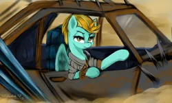 Size: 2500x1500 | Tagged: safe, artist:darksly, derpibooru import, lightning dust, pegasus, pony, belt, cad, car, clothes, crossover, desert, female, image, jpeg, looking at you, mad max, mare, parody, sand, shirt, solo