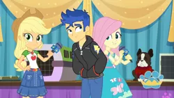 Size: 3410x1920 | Tagged: safe, derpibooru import, screencap, applejack, banana (dog), flash sentry, fluttershy, dog, best in show: the pre-show, equestria girls, equestria girls series, spoiler:eqg series (season 2), applejack's hat, belt, best in show logo, cage, clothes, cowboy hat, cutie mark, cutie mark on clothes, denim skirt, eyes closed, female, geode of fauna, geode of super strength, hand on hip, hat, image, jpeg, magical geodes, male, microphone, skirt, smiling