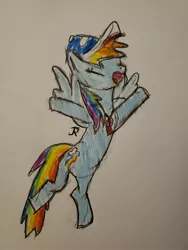 Size: 3024x4032 | Tagged: safe, artist:joeydr, derpibooru import, rainbow dash, pegasus, pony, 2 4 6 greaaat, arms wide open, coach rainbow dash, coaching cap, cute, dashabetes, eyes closed, female, flying, happy, image, jpeg, mare, open mouth, rainbow dashs coaching whistle, signature, simple background, solo, traditional art, whistle, whistle necklace, wings