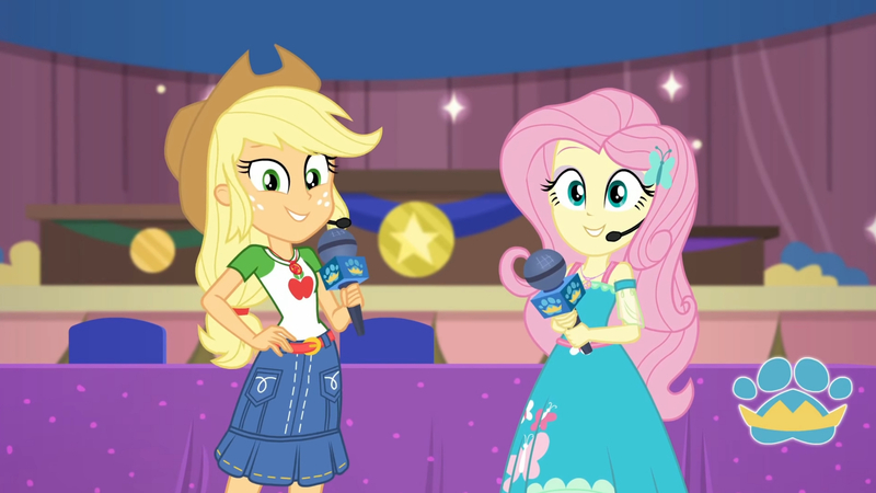 Size: 3410x1920 | Tagged: safe, derpibooru import, screencap, applejack, fluttershy, best in show: the victory lap, equestria girls, equestria girls series, spoiler:eqg series (season 2), applejack's hat, belt, best in show logo, clothes, cowboy hat, cutie mark, cutie mark on clothes, denim skirt, female, geode of fauna, geode of super strength, hairpin, hand on hip, hat, image, jewelry, jpeg, magical geodes, microphone, necklace, skirt, smiling