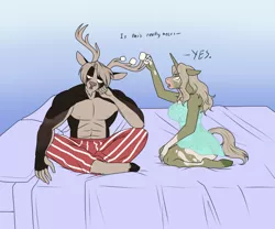 Size: 1200x1000 | Tagged: suggestive, artist:lurking tyger, derpibooru import, oc, oc:caine, oc:fern evergreen, anthro, deer, unguligrade anthro, unicorn, abs, antlers, bed, bottomless, breasts, clothes, cloven hooves, commission, couple, crossed legs, deer oc, dialogue, digital art, female, floppy ears, gift art, gradient background, horn, image, kneeling, male, milf, nightgown, oc x oc, packing peanuts, pants, partial nudity, pillow, png, shipping, straight, unicorn oc