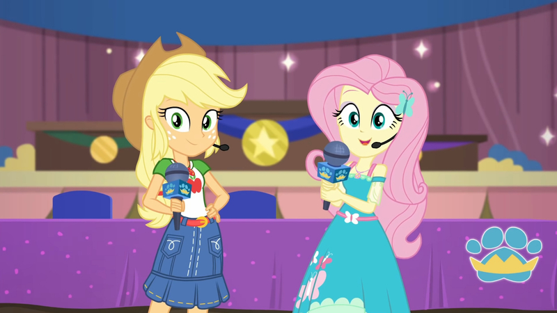 Size: 3410x1920 | Tagged: safe, derpibooru import, screencap, applejack, fluttershy, best in show: the victory lap, equestria girls, equestria girls series, spoiler:eqg series (season 2), applejack's hat, belt, best in show logo, clothes, cowboy hat, cutie mark, cutie mark on clothes, denim skirt, female, geode of fauna, geode of super strength, hairpin, hand on hip, hat, image, jewelry, jpeg, magical geodes, microphone, necklace, open mouth, skirt, smiling