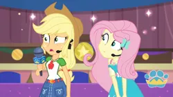 Size: 3410x1920 | Tagged: safe, derpibooru import, screencap, applejack, fluttershy, best in show: the victory lap, equestria girls, equestria girls series, spoiler:eqg series (season 2), applejack's hat, belt, best in show logo, clothes, cowboy hat, cutie mark, cutie mark on clothes, denim skirt, female, geode of fauna, geode of super strength, hairpin, hat, image, jewelry, jpeg, magical geodes, microphone, necklace, open mouth, skirt