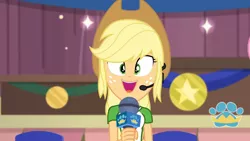 Size: 3410x1920 | Tagged: safe, derpibooru import, screencap, applejack, fluttershy, best in show: the victory lap, equestria girls, equestria girls series, spoiler:eqg series (season 2), applejack's hat, best in show logo, cowboy hat, cute, female, hat, image, jackabetes, jewelry, jpeg, microphone, necklace, offscreen character, open mouth