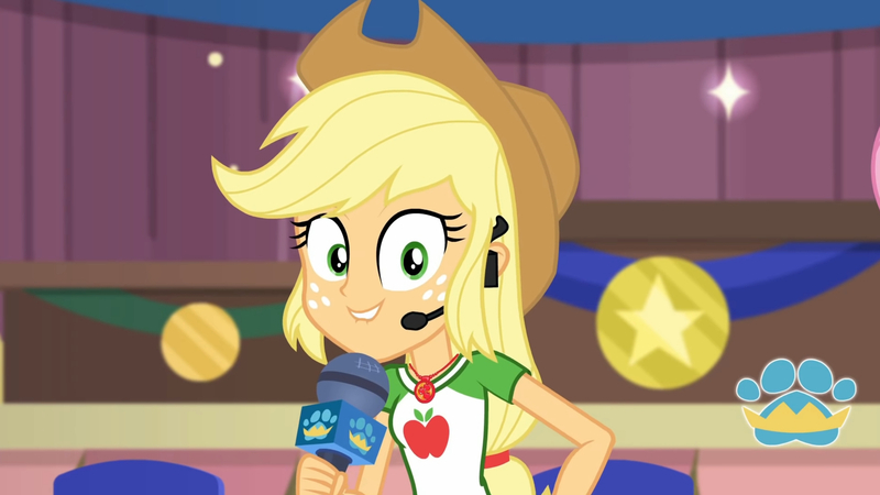 Size: 3410x1920 | Tagged: safe, derpibooru import, screencap, applejack, fluttershy, best in show: the victory lap, equestria girls, equestria girls series, spoiler:eqg series (season 2), applejack's hat, best in show logo, clothes, cowboy hat, cutie mark, cutie mark on clothes, female, geode of super strength, hat, image, jewelry, jpeg, lip bite, magical geodes, microphone, necklace, offscreen character, smiling