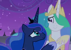 Size: 1513x1080 | Tagged: safe, derpibooru import, screencap, princess celestia, princess luna, alicorn, pony, season 9, the summer sun setback, spoiler:s09, canterlot, crown, crying, duo, duo female, female, grin, image, jewelry, looking at each other, mare, night, png, proud, regalia, siblings, sisters, smiling, tears of joy, teary eyes