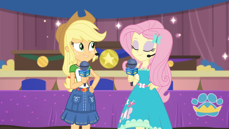 Size: 3410x1920 | Tagged: safe, derpibooru import, screencap, applejack, fluttershy, best in show: the victory lap, equestria girls, equestria girls series, spoiler:eqg series (season 2), applejack's hat, best in show logo, clothes, cowboy hat, cutie mark, cutie mark on clothes, eyes closed, female, geode of super strength, hairpin, hand on hip, hat, image, jewelry, jpeg, lip bite, magical geodes, microphone, necklace, smiling