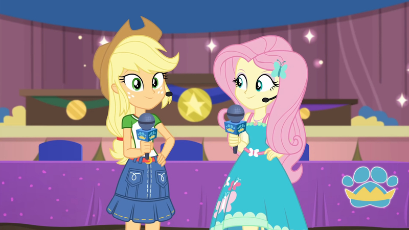 Size: 3410x1920 | Tagged: safe, derpibooru import, screencap, applejack, fluttershy, best in show: the victory lap, equestria girls, equestria girls series, spoiler:eqg series (season 2), applejack's hat, best in show logo, clothes, cowboy hat, cutie mark, cutie mark on clothes, female, geode of super strength, hairpin, hand on hip, hat, image, jewelry, jpeg, magical geodes, microphone, necklace, smiling