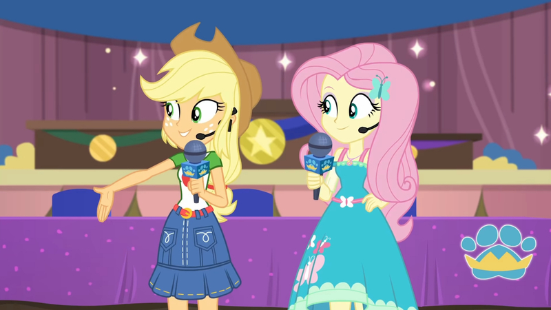 Size: 3410x1920 | Tagged: safe, derpibooru import, screencap, applejack, fluttershy, best in show: the victory lap, equestria girls, equestria girls series, spoiler:eqg series (season 2), applejack's hat, best in show logo, clothes, cowboy hat, cutie mark, cutie mark on clothes, female, hairpin, hand on hip, hat, image, jewelry, jpeg, microphone, necklace, smiling