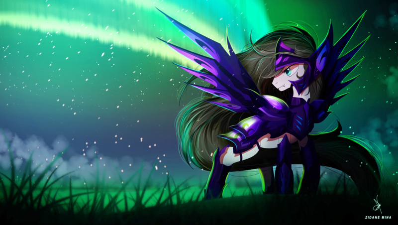 Size: 3826x2160 | Tagged: safe, artist:zidanemina, derpibooru import, oc, unofficial characters only, pony, anime, aquarius, armor, aurora borealis, crossover, grass, high res, image, jpeg, night, night sky, saint seiya, sky, solo, stars