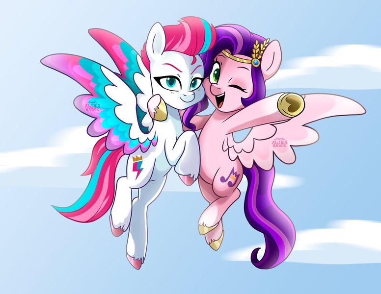 Size: 3300x2550 | Tagged: safe, artist:alinabr00k, derpibooru import, pipp petals, zipp storm, pegasus, pony, my little pony: a new generation, cloud, duo, duo female, eyebrows, female, flying, g5, heart, heart hoof, high res, hoof on neck, image, jpeg, mare, one eye closed, open mouth, open smile, raised hoof, siblings, sisters, sky, smiling, spread wings, unshorn fetlocks, wings, wink