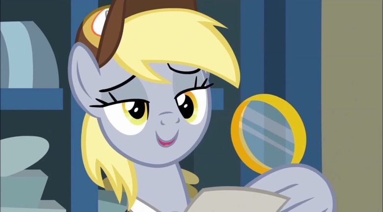 Size: 780x432 | Tagged: safe, derpibooru import, screencap, derpy hooves, pegasus, pony, best gift ever, cute, derpabetes, female, image, jpeg, lidded eyes, magnifying glass, mailmare, mare, post office, postman's hat, solo, wing hands, wing hold, wings