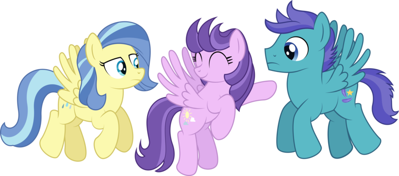 Size: 7921x3496 | Tagged: safe, artist:thatusualguy06, derpibooru import, clear skies, open skies, sunshower, pegasus, pony, tanks for the memories, .ai available, absurd resolution, eyes closed, female, flying, image, male, mare, png, pointing, scene interpretation, simple background, smiling, stallion, transparent background, trio, vector