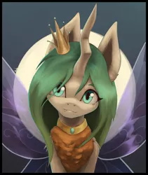 Size: 1024x1214 | Tagged: safe, artist:phi, derpibooru import, queen chrysalis, changedling, changeling, crown, female, image, insect wings, jewelry, jpeg, necklace, purified chrysalis, regalia, simple background, solo, wings