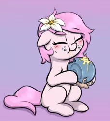 Size: 1401x1536 | Tagged: safe, artist:heretichesh, derpibooru import, oc, oc:kayla, unofficial characters only, earth pony, pony, snail, blushing, butter, eating, escargot, eyes closed, female, filly, flower, flower in hair, food, image, jpeg, ponies eating bugs, purple background, simple background, sitting, solo
