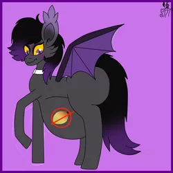 Size: 2000x2000 | Tagged: safe, artist:shylista's art, derpibooru import, oc, oc:zenaris blackmour, bat pony, pony, bat pony oc, bat wings, blushing, butt, collar, disproportional anatomy, dyed mane, dyed tail, embarrassed, food, huge butt, image, large belly, large butt, male, mango, png, stallion, trap, wings