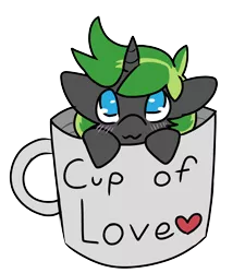 Size: 2136x2376 | Tagged: safe, artist:mimicryfluffoarts, derpibooru import, part of a set, oc, oc:azure slash, pony, unicorn, blushing, chibi, cup, cup of pony, cute, heart, image, male, micro, mimicry's silly doodles, mug, mug of pony, png, puppy dog eyes, stallion