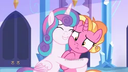 Size: 1920x1080 | Tagged: safe, artist:emeriss96, derpibooru import, edit, edited screencap, screencap, luster dawn, princess flurry heart, alicorn, pony, unicorn, crystal empire, hug, image, jpeg, older, older flurry heart