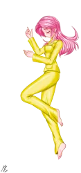 Size: 1773x3793 | Tagged: safe, alternate version, artist:mauroz, derpibooru import, fluttershy, human, anime, bed, clothes, eyes closed, humanized, image, pajamas, png, simple background, sleeping, transparent background