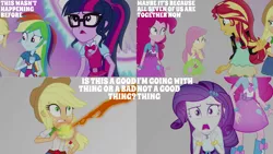 Size: 1280x720 | Tagged: safe, derpibooru import, edit, edited screencap, editor:quoterific, screencap, applejack, fluttershy, pinkie pie, rainbow dash, rarity, sci-twi, sunset shimmer, twilight sparkle, equestria girls, mirror magic, spoiler:eqg specials, applejack's hat, belt, clothes, cowboy hat, cutie mark, cutie mark on clothes, denim skirt, female, geode of empathy, geode of fauna, geode of shielding, geode of sugar bombs, geode of super speed, geode of super strength, geode of telekinesis, glasses, hairpin, hat, humane five, humane seven, humane six, image, jewelry, magical geodes, necklace, offscreen character, open mouth, png, ponytail, skirt
