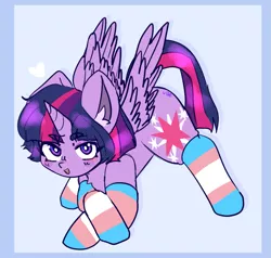 Size: 1269x1210 | Tagged: safe, artist:ube, artist:ubebreb, derpibooru import, twilight sparkle, twilight sparkle (alicorn), alicorn, bobcut, clothes, image, jacko challenge, png, pride, pride flag, pride ponies, pride socks, short hair, short mane, simple background, socks, striped socks, trans socks, transgender pride flag