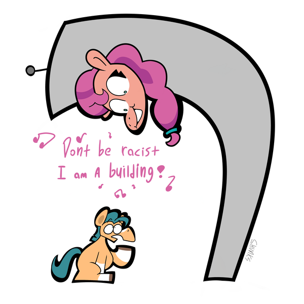 Size: 4000x4000 | Tagged: safe, artist:shunks, derpibooru import, hitch trailblazer, sunny starscout, earth pony, pony, building, confused, crossover, g5, green mane, image, meme, png, shitposting, singing, skyscraper, surprised, surreal, surreal meme, text