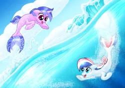 Size: 400x283 | Tagged: safe, artist:stewart501st, derpibooru import, sea swirl, seafoam, oc, oc:britannia (uk ponycon), earth pony, pony, seapony (g4), unicorn, blue eyes, bubble, cloud, dorsal fin, female, fish tail, flowing tail, horn, image, jpeg, looking at each other, ocean, open mouth, open smile, purple eyes, seaponified, sky, smiling, species swap, swimming, tail, uk ponycon, underwater, water, wave