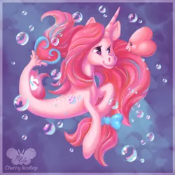 Size: 1280x1280 | Tagged: safe, artist:cherryscallop, derpibooru import, oc, luvdisc, pony, seapony (g4), unicorn, blue background, bubble, dorsal fin, female, fish tail, flowing mane, flowing tail, horn, image, jpeg, logo, ocean, pink mane, pokémon, seaponified, simple background, smiling, solo, species swap, swimming, tail, underwater, water